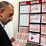 **A Turkish homeowner, looking surprised and a bit distressed, stands beside a calendar with a large 'X' over a date marking less than five years since property acquisition. Scattered around are tax forms and stacks of Turkish Lira being siphoned away into a stylized 'tax burden' icon. The scene should convey the unexpected high capital gains tax from selling real estate too early in Turkey.**