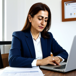 A professional, middle-aged Turkish woman, fully clothed in a modest business-casual outfit, sits comfortably at a polished wooden desk in a modern, well-lit home office. She is thoughtfully reviewing tax documents, and a laptop on the desk displays an online tax declaration form. The background shows a cozy, tidy living space with subtle Turkish architectural elements. The scene emphasizes financial planning and a calm atmosphere. safe for work, appropriate content, fully clothed, modest, perfect anatomy, correct proportions, natural pose, well-formed hands, proper finger count, natural body proportions, professional photography, high quality.