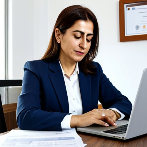 Home 8 A professional, middle-aged Turkish woman, fully clothed in a modest business-casual outfit, sits comfortably at a polished wooden desk in a modern, well-lit home office. She is thoughtfully reviewing tax documents, and a laptop on the desk displays an online tax declaration form. The background shows a cozy, tidy living space with subtle Turkish architectural elements. The scene emphasizes financial planning and a calm atmosphere. safe for work, appropriate content, fully clothed, modest, perfect anatomy, correct proportions, natural pose, well-formed hands, proper finger count, natural body proportions, professional photography, high quality.