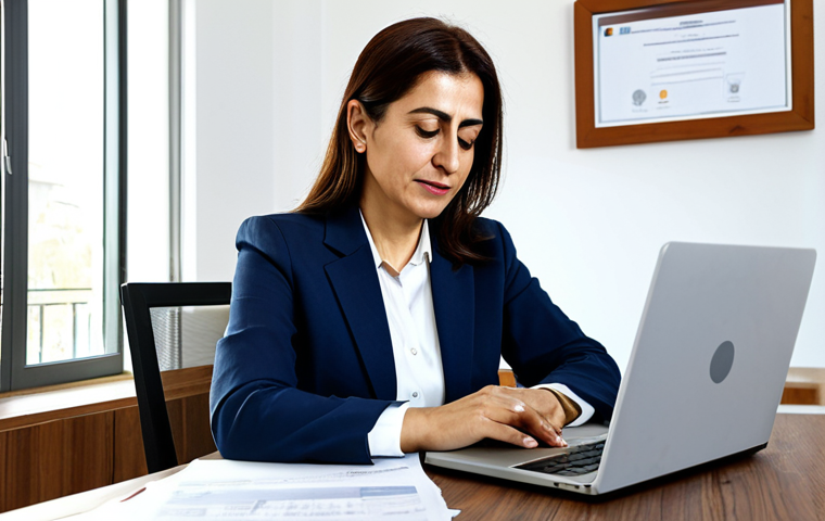 A professional, middle-aged Turkish woman, fully clothed in a modest business-casual outfit, sits comfortably at a polished wooden desk in a modern, well-lit home office. She is thoughtfully reviewing tax documents, and a laptop on the desk displays an online tax declaration form. The background shows a cozy, tidy living space with subtle Turkish architectural elements. The scene emphasizes financial planning and a calm atmosphere. safe for work, appropriate content, fully clothed, modest, perfect anatomy, correct proportions, natural pose, well-formed hands, proper finger count, natural body proportions, professional photography, high quality.