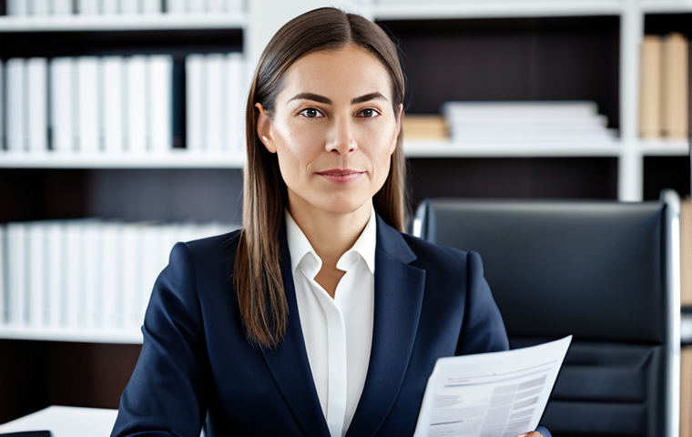 A professional female lawyer in a modest dark business suit, sitting calmly at a sleek modern desk in a brightly lit, contemporary law office. She holds a tablet displaying a legal document about tax regulations, with a confident yet thoughtful expression. The background features blurred city views and orderly bookshelves, suggesting expertise and a sophisticated environment. The lighting is soft and professional. fully clothed, appropriate attire, safe for work, professional, perfect anatomy, correct proportions, natural pose, well-formed hands, proper finger count, natural body proportions.