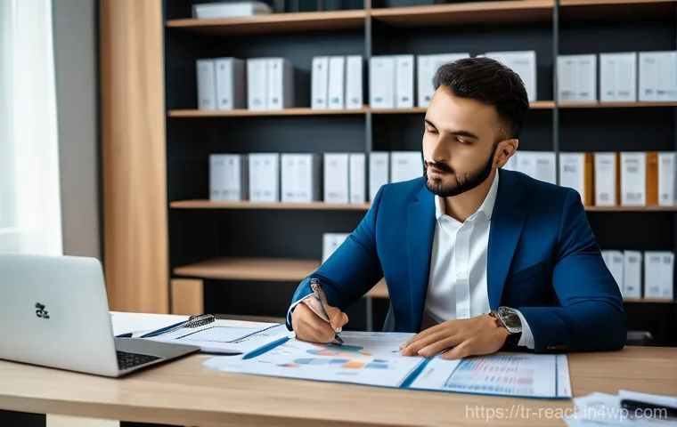 부동산 세금 절세를 위한 팁과 트릭 - A thoughtful young Turkish professional, dressed in smart casual business attire, sits at a spacious...