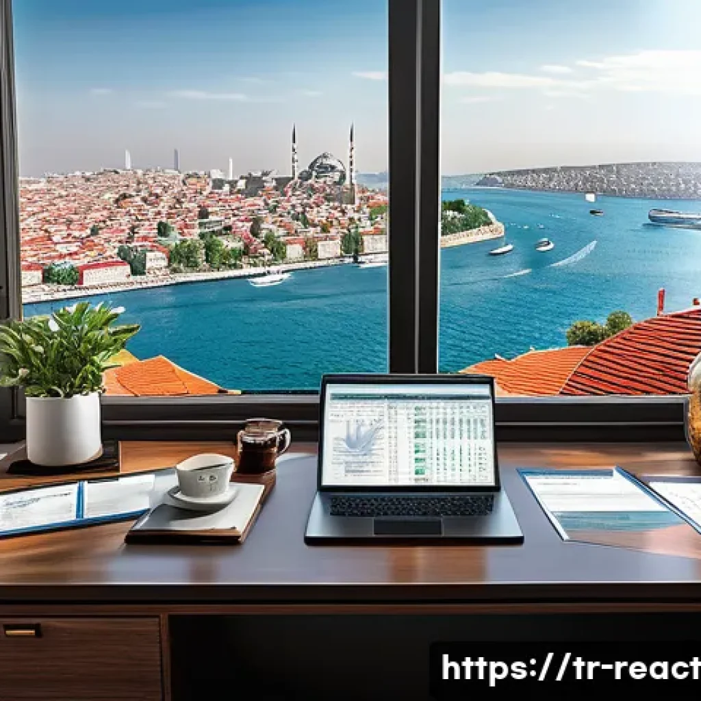 부동산 투자 수익률과 세금의 관계 - A modern Turkish real estate investor’s office interior, featuring a sleek desk with detailed financ...