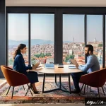 Home 21 부동산 세금 문제 해결 사례 - A modern Turkish real estate office interior with a young professional couple discussing property ta...