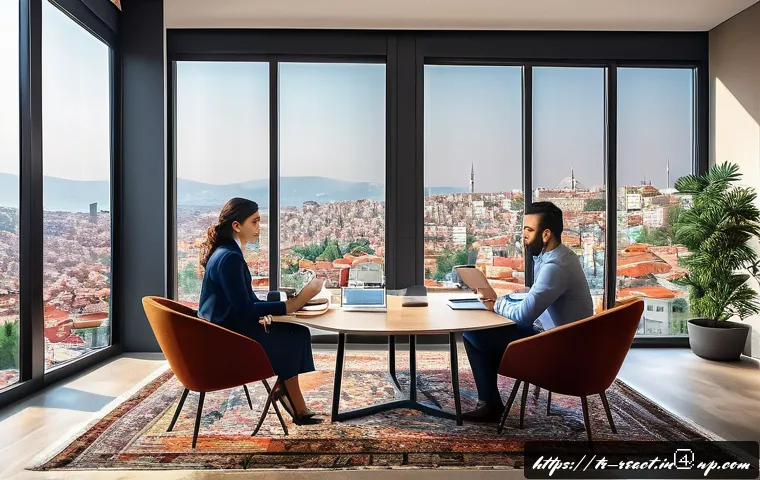 부동산 세금 문제 해결 사례 - A modern Turkish real estate office interior with a young professional couple discussing property ta...
