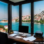Home 18 세금 계획을 위한 부동산 투자 전략 - A sophisticated modern real estate investor’s home office in Istanbul, filled with detailed tax docu...