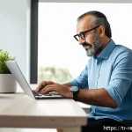Home 23 부동산 세금 신고 과정의 투명성 - A modern Turkish home office scene showing a middle-aged man using a sleek laptop to file his real e...