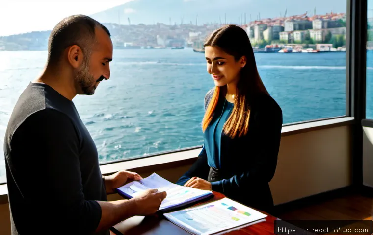 부동산 세금 전략의 성공 사례 - Photorealistic Istanbul real estate success scene, a confident Turkish couple in modest smart-casual...