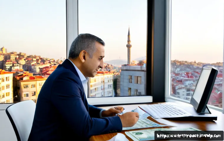 Home 17 부동산 세금 계획의 목표 및 방향 - Photorealistic Turkish real estate tax planning consultation, a middle-aged couple and a professiona...